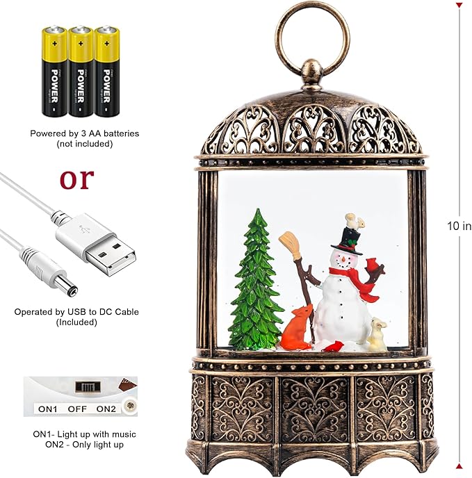 11" Christmas Snow Globe Lantern Winter Home Decor Rotating Snowflakes with Music and Timer Function USB or Battery Powered (Snowman)
