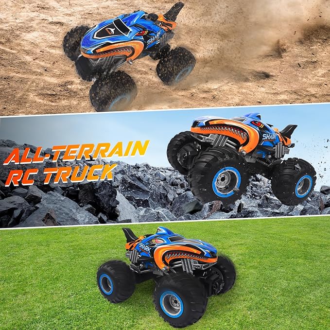 1:16, 2.4 GHz All Terrain Monster Truck, RC Truck 2 Rechargeable Batteries for 80 Mins Play, Spray Remote Control Car for Boys 8-12 and Girls or Adult, MK724A
