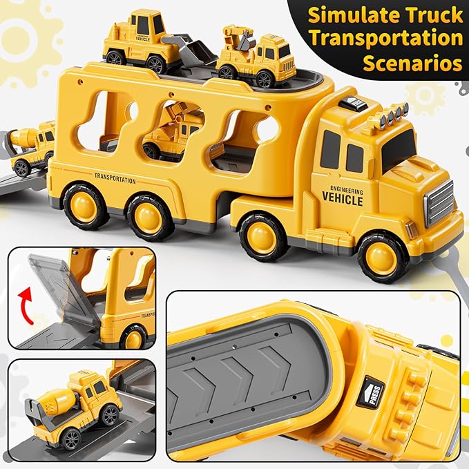 5 in 1 Construction Toys Cars for Toddler Ages 2-4, Transport Vehicle with Sounds and Lights, Excavator Toy for Boys, Christmas Birthday Gifts for Kids 2 3 4 5 6 Years Old