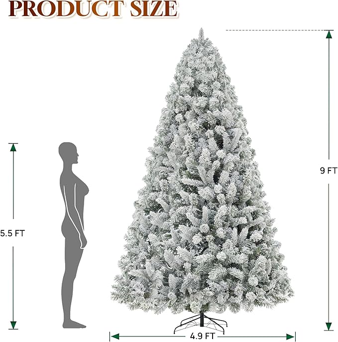 HOLLO STAR 9 ft Flocked Prelit Christmas Tree with 753 LED Lights, App Control, Artificial Christmas Tree, Multi-Color RGBW Lights, 2100 Branch Tips, Snow Xmas Tree, for Home, Party