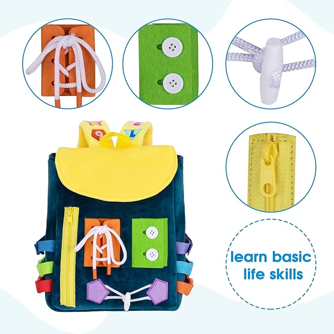 Busy Board - Toddler Backpack with Buckles and Learning Activity Toys - Develop Fine Motor Skills and Basic Life Skills - Learn to Tie Shoes - Children's Travel Toy