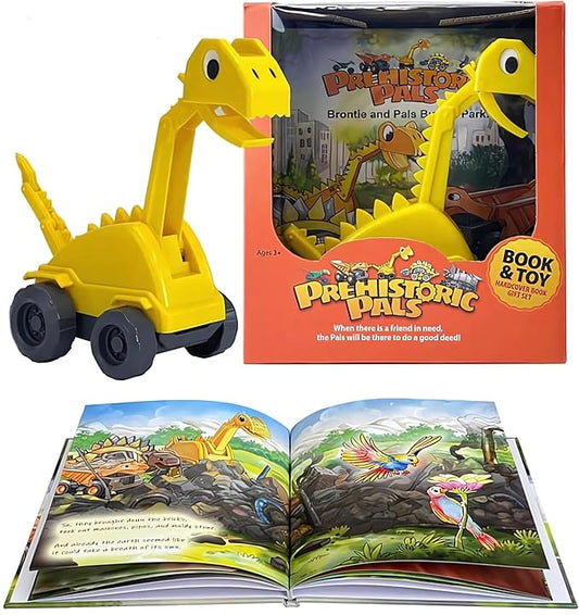 Dinosaur Brontosaurus Construction Truck Toy and Educational Book Gift Set