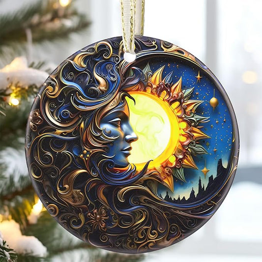 3.5 Inch Ceramic Christmas Tree Ornament, Sun and Moon God Christmas Ornaments, Heirloom Keepsake, Gift Exchange, Gift Idea, Bauble Present