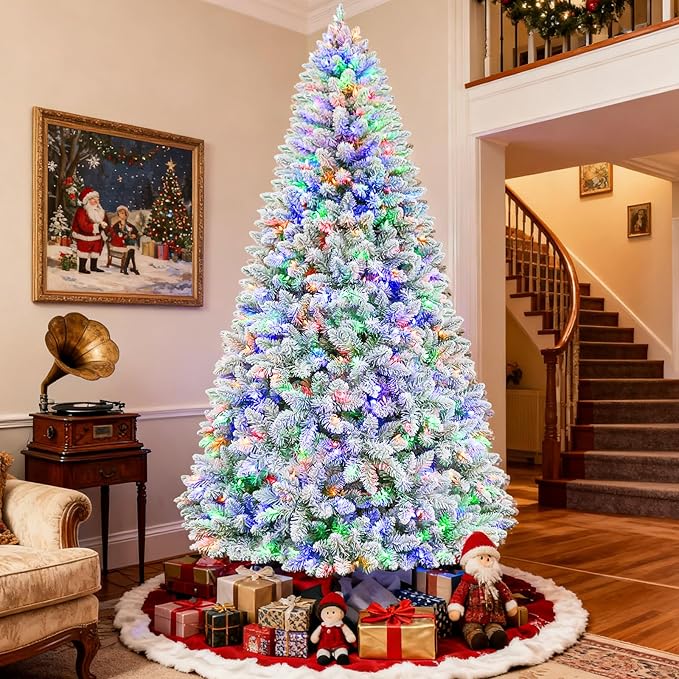 Hykolity 7.5ft Prelit Artificial Christmas Tree, 10 Light-Mode Snow Flocked Christmas Tree with 450 Multicolor LED Lights, 1446 PVC Tips, Easy Setup Xmas Trees with Sturdy Metal Stand
