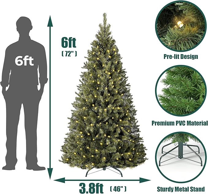 Annecy 6ft Pre-Lit Christmas Tree, Green Artificial Full Spruce Christmas Tree for Home, Office, Party Decoration w/ 970 Branch Tips, 250 Warm White & Multi-Color Lights, Metal Hinges&Base,Green 6 ft