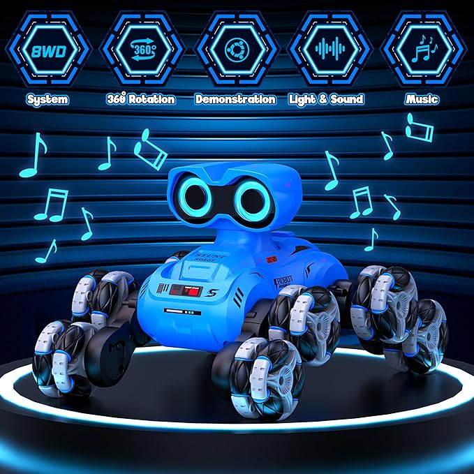 Robot Toys, 8-Wheel Stunt Remote Control Car with Auto-Demonstration, 360° Rotation, LED Eyes, Music, 2.4Ghz, All Terrain Rc Cars, Remote Control Robot for Boys 4-7 6-8 8-12