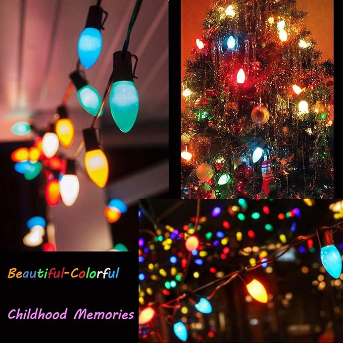 C7 Incandescent Christmas Lights Outdoor, 25Ft Outdoor Christmas Decorations String Lights with 27 Multicolor Ceramic Bulbs, Vintage Christmas Lights for Roofline Patio Xmas Tree Party Garden Backyard
