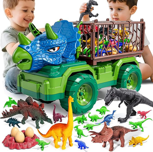 22 in 1 Triceratops Dinosaur Truck Toys for Kids Boys Ages 3-5-7 4-8, Dino Carrier Truck with 18 Jurassic Dino Figures, 3 Dinosaur Eggs, 3 4 5 6 7 8 Year Old Toddler Boy Girl Birthday Gifts
