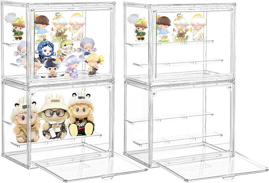 Acrylic Display Case,4 Pack 3 Layer Clear Display Case Adjustable Display Box Stand with 2 Movable Dividers Small Showcase Magnetic Door for Collections Mini Figures