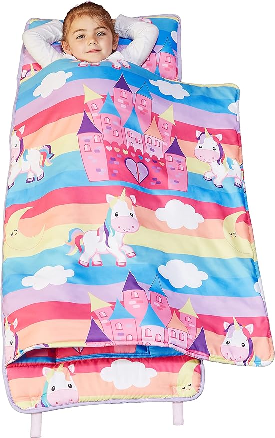 EVERYDAY KIDS Nap Mat with Removable Pillow - Unicorn Dreams - Carry Handle with Straps Closure, Rollup Design, Soft Microfiber for Preschool, Daycare, Travel Sleeping Bag - Ages 3-6 Years