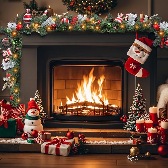 Christmas Garland Lighted Indoor Outdoor Decorations Artificial Christmas Garlands with Light Mantel Candy Cane for Door Porch Holiday Party Outdoor Indoor Xmas Decor 6FT