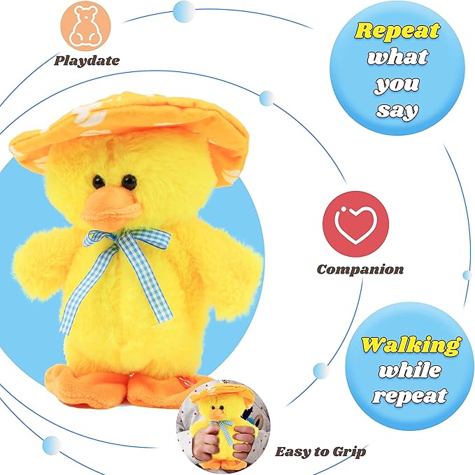 Hopearl Talking Singing Duck Toy Repeats What You Say Walking Duckling Electric Interactive Animated Toy Speaking Plush Buddy Gifts for Toddlers, Yellow, 8''