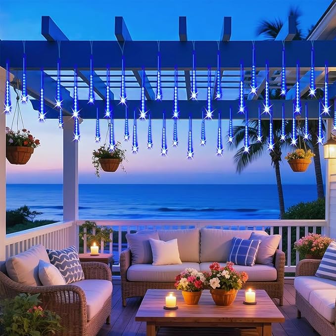 Aokudoni Outdoor Christmas Decorations: 24-Tube Meteor Shower Lights 576 LED Snow Falling Icicle Christmas Lights Outdoor for House Tree Yard Garden Xmas Decor, UL Plug, Blue