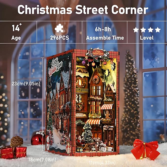 DIY Christmas Book Nook Kit, Wooden Dollhouse Kit with Dust Cover,Tiny Diorama House Building Set Booknook Bookshelf Insert Decor Alley Creative Idea Gifts for Aduls Bookends Model(Christmas Street)