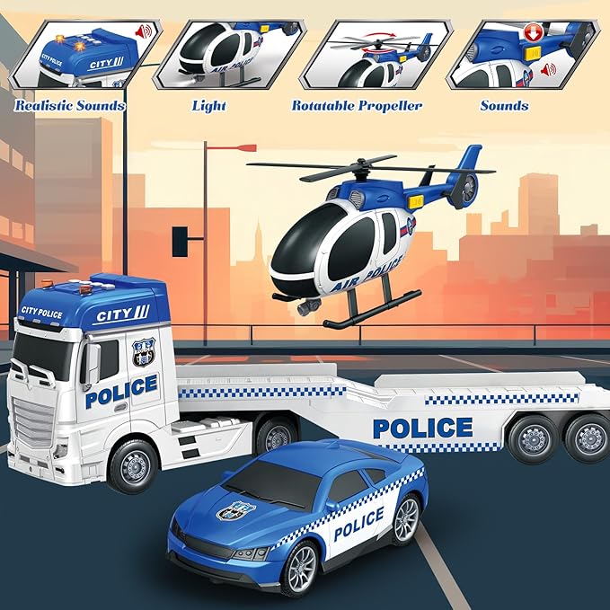 3-in-1 Police Truck Toys for Kids Ages 3-6 - Inertia Semi Trailer with Racing Car & Helicopter, Light and Sound Play Vehicles
