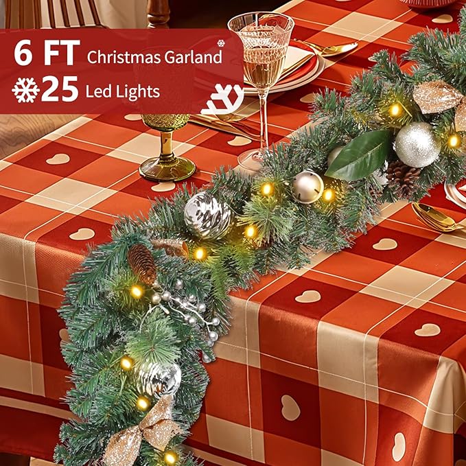 Christmas Garland Lighted Indoor Outdoor Decorations Artificial Christmas Garlands with Light Mantel Pine Cone for Door Porch Holiday Party Outdoor Indoor Xmas Decor 6FT Gold A