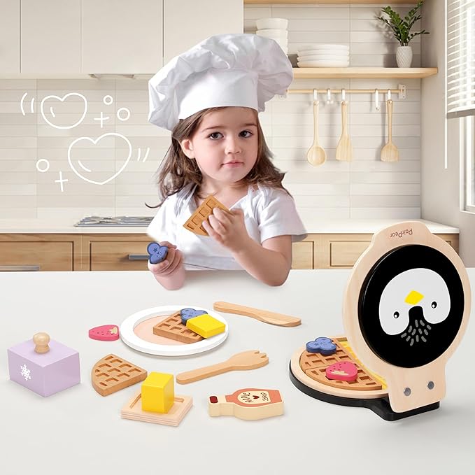 PairPear Wooden Waffle Maker Toy Food Playset, Kids Pretend Play Food Kitchen Accessories, Wooden Cooking Toy Baking Playset, Toddler Play Breakfast Brunch Tea Sets Cutting Food Gift for Girls Boys 3+