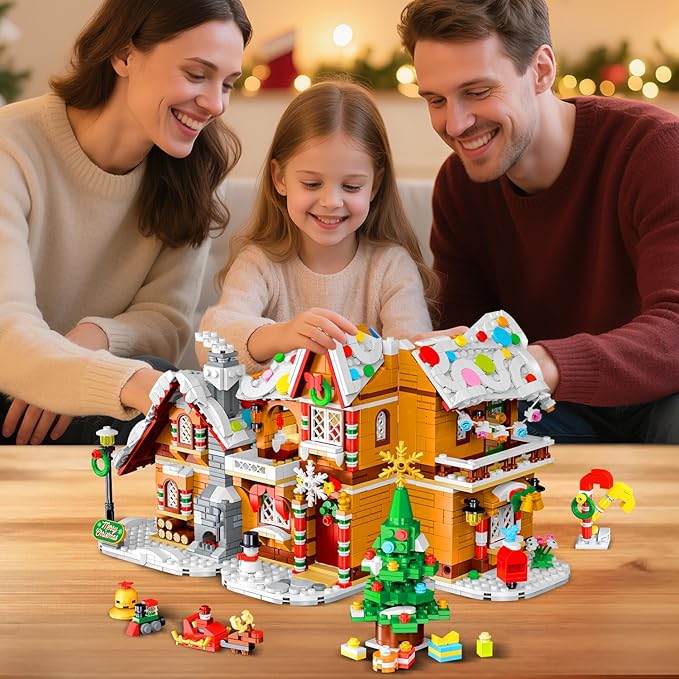 2025 Christmas 3 Style Gingerbread House Building Set with Light - 1477PCS Christmas Village Castle Building Block Toy with Santa Claus Xmas Tree Train for Adult Kids Girl Boy 6+