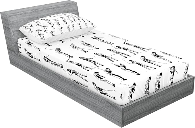 Ambesonne Golf Fitted Sheet & Pillow Sham Set, Golf Swing Shown in 14 Stages Sports Hobby Themed Sketch Art Storyboard Print, Decorative Printed 2 Piece Bedding Decor Set, Twin, White Charcoal