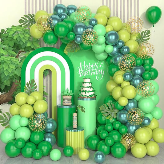 Paready Green Balloon Arch Kit, 120Pcs Dark Green Balloon Garland Kit Light Fruit Metallic Green Party Balloons Gold Confetti Balloons for Kids Jungle Theme Birthday Dinosaur Party Baby Shower