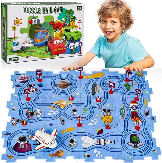 25PCS Puzzle Racer Kids Car Track Set, Space Themed Series, Educational Car Puzzle Toys