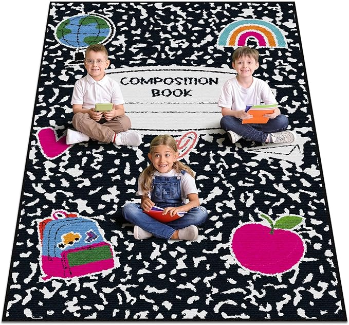 5 x 7.6 ft Large Classroom Rug Composition Book Elementary Educational Area Rug Kids Room Children Classroom Carpet Playroom Learning Colorful Square School Decor Seating Carpet 7 Seats