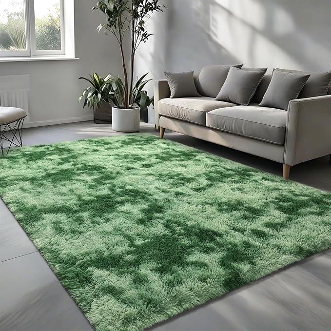 Pettop Fluffy Shag Area Rug, 4x6 Tie-Dyed Plush Fuzzy Rugs for Living Room, Ultra Soft Shaggy Rugs for Bedroom, Non-Slip and Washable Indoor Carpet for Girls Kids Room Home Decor, Light Green