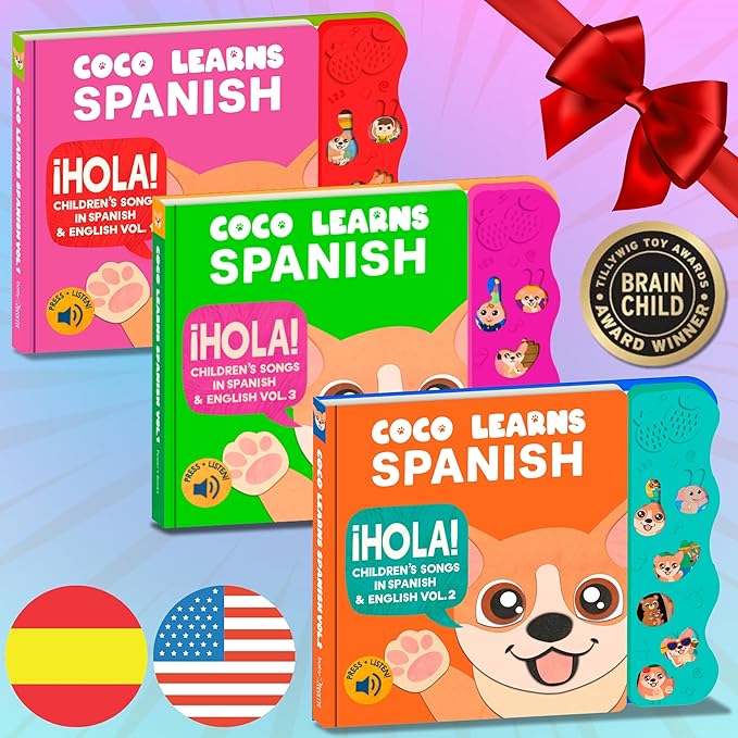 Musical Spanish Books for Kids 1-3, Spanish English Toys for Babies & Toddlers 1-3, Baby & Toddler Spanish Books, Bilingual Learning Toys 1 Year Old, Libros Infantiles en Español