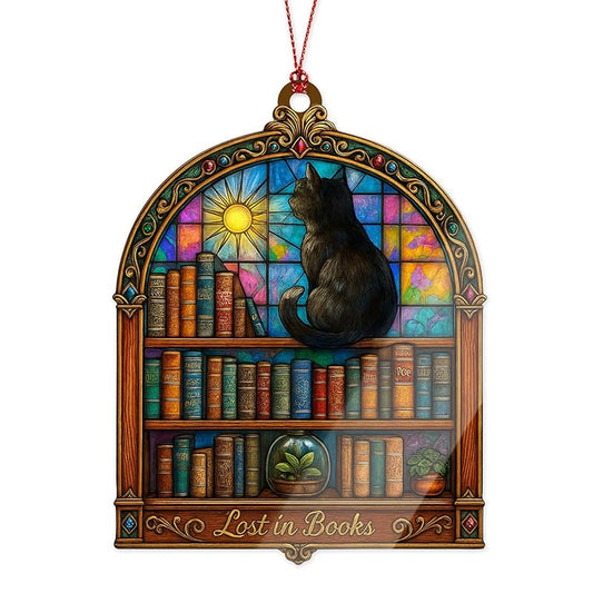 Lost in Books Ornament – Cat Lover Gifts – Bookworm Decor – Reading Ornament – Library Christmas Ornament – Suncatcher Effect Window Hanging – Car Hanging