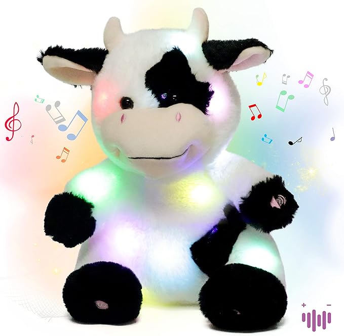 Hopearl LED Musical Stuffed Cow Lighting Up Singing Plush Toy Adjustable Volume Lullaby Animated Soothe Birthday Festival for Kids Toddler Girls, 13''