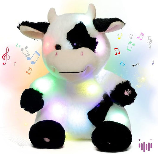 Hopearl LED Musical Stuffed Cow Lighting Up Singing Plush Toy Adjustable Volume Lullaby Animated Soothe Birthday Festival for Kids Toddler Girls, 13''