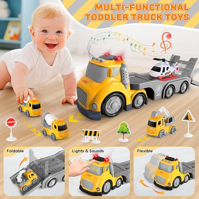 Truck Toys for Toddler 1, 2, 3, 4 Year Old Boy, Construction Transport Trucks Toy Set, Ideal Christmas Birthday Gifts for Kids.