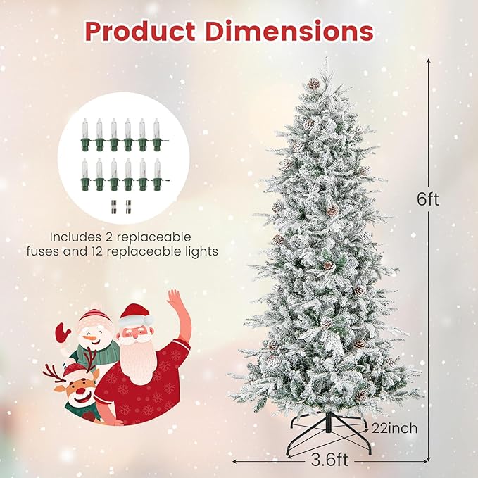 Goplus 6ft Pre-Lit Snow Flocked Christmas Tree, Artificial Hinged Xmas Tree with 210 Warm-White Incandescent Lights, 715 Branch Tips, Natural Pinecones, Metal Stand, for Holiday Office Home Decor