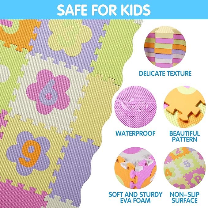 Foam Play Mat for Kids，25Pcs Square Interlocking Puzzle Floor Mat，Baby Play Mat Floor Mat Foam Puzzle Playmat for Toddlers with Fence（Number-CSH011