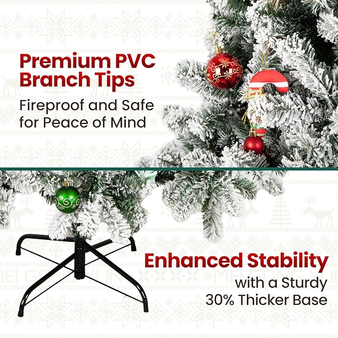 6ft White Artificial Christmas Tree with Snow Flocked Branches, Realistic Full Shape Xmas Tree with Sturdy Metal Stand for Indoor Holiday Decoration
