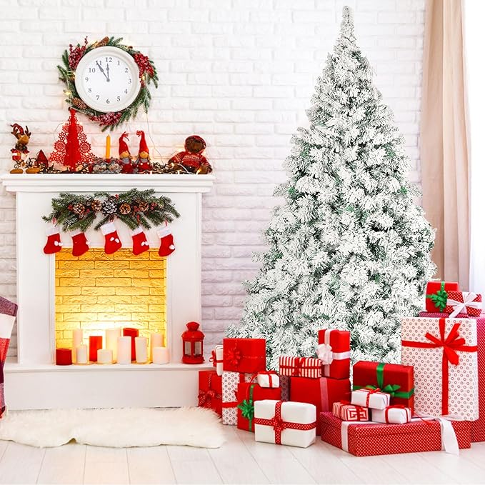 7 ft Premium Hinged Artificial Holiday Christmas Tree for Home, Office, Party Decoration Snow Flocked Xmas Pine with 1,000 Branch Tips, Easy Assembly, Metal Hinges & Base, White