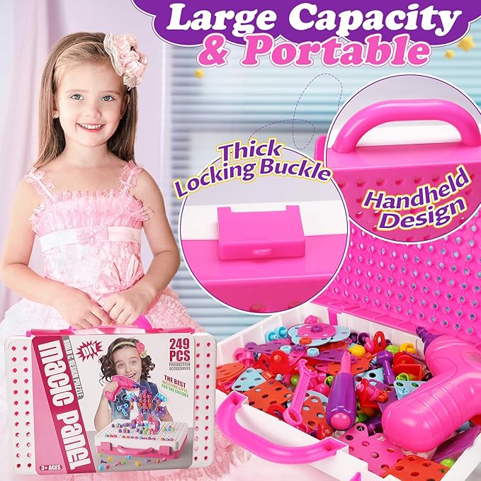 RSPED Magic Montessori Play Toolbox with Electric Drill, Kids Tool Set Real, Toddlers Toys Pretend Play Power Creativity Tools Drill and Screw Construction Kit for Boys Girls