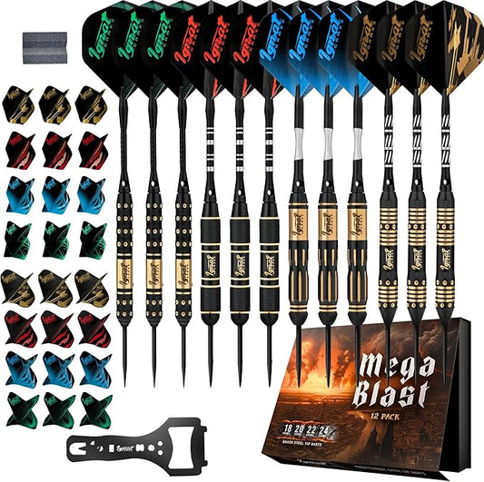 IgnatGames Steel Tip Darts Set - 3/6/12 Pack Brass Darts Metal Tip Set with Exquisite Case - Aluminum Shafts, 2 Sets of Flights, Dart Tool & Sharpener
