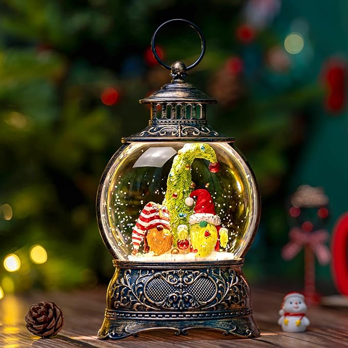 Christmas Snow Globes Christmas Water Lantern with Gnome Whimsical Christmas Tree, Music & 6H Timer, USB Lined/Battery Operated Lighted Lanterns for Xmas Festival Decoration Gifts