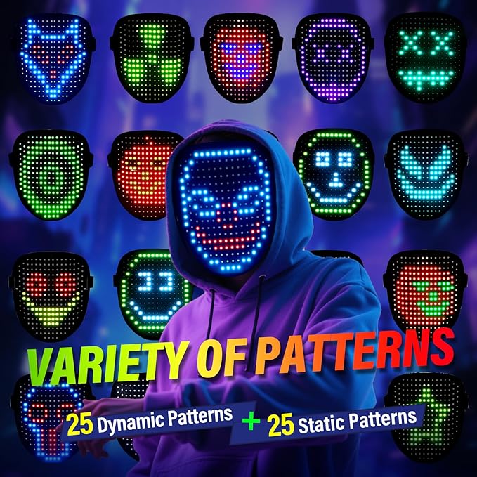 arscniek LED Face Mask with Gesture Control – Rechargeable Light Up Halloween Masks Costume for Adults & Kids, Glowing Transformable Cosplay Mask for Parties, Christmas, Concerts