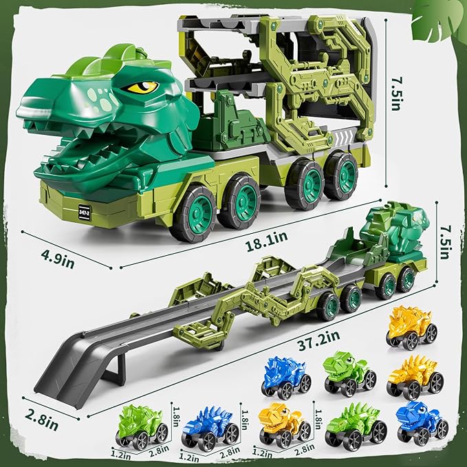 10 in 1 Dinosaur Truck Toys for Kids Aged 3-5 4-8 with Foldable Race Track, Carrier Truck with 9 Dinosaur Toy Cars for Boys, Spraying, Light and Sound, Birthday Gifts for Girls Toddlers 5-7
