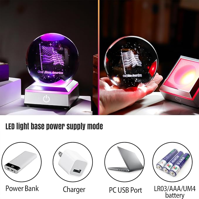 Ornalrist 3D Crystal Ball Engraved American Flag Gifts for Men, Women, Him Father - Crystal Ball Engraved USA Flag & God Bless America Text 3.15in with Colorful LED Light Base Home Decor