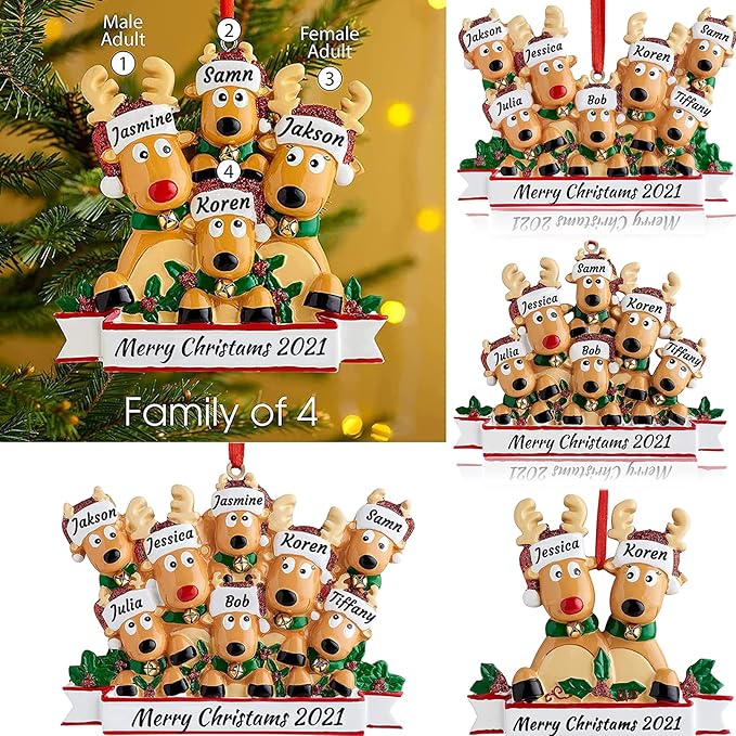 Personalized Deer Family of 2,3,4,5,6,7,8 Christmas Tree Ornament 2024 Custom Name Cute Santa Reindeer Christmas Decoration Xmas Gift