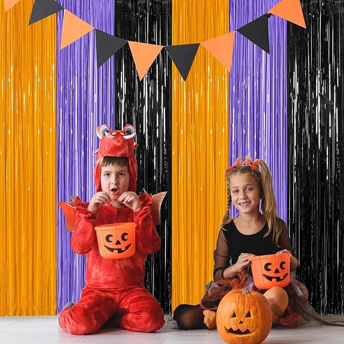 8 Pack Halloween Decorations Indoor, 3.28 FT x 7.05 FT Party Streamer, Orange Purple Black Streamer Backdrop Fringe Curtains Foil Tinsel, Halloween Party Supplies Hanging Halloween Decor