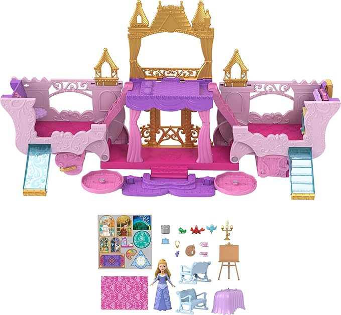 Mattel Disney Princess Toys, Carriage to Castle Transforming Playset with Aurora Small Doll, 4 Figures, Furniture & Accessories