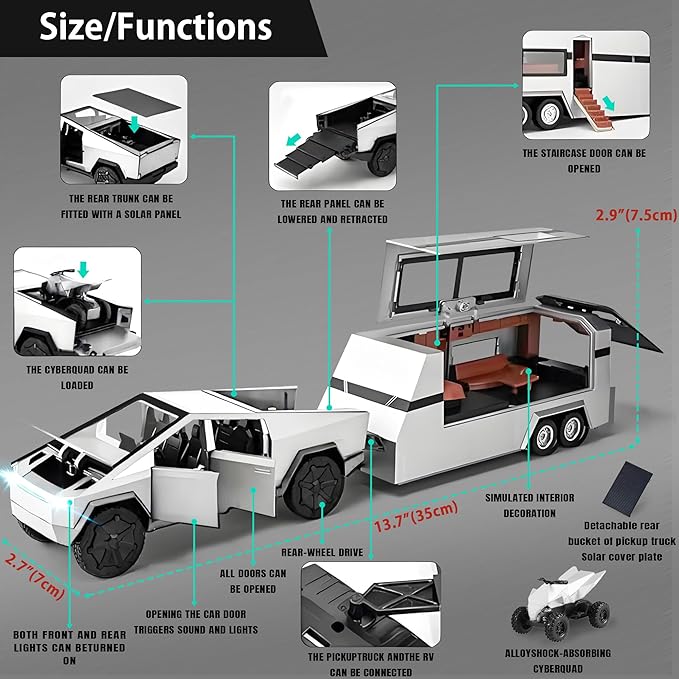 1/32 PickTruck Toy for Kids, Pickup Trailer RV Model Kit with Beach Motorcycle, Diecast Metal RV Car Model Pickup Truck Toy with Sound/Light/Pull Back Power, Ideal Gift for Boys Aged 6 and Up (Silver)
