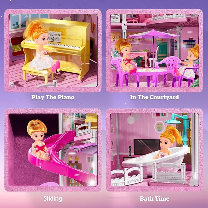 4-Storey House for Girls Ages 3-7, Villa Playset with 2 Dolls and 12 Room, Furniture and Accessories, Pretend Indoor Playset Toddler Toys, Birthday Girls Toys for Ages 4-8 6-8