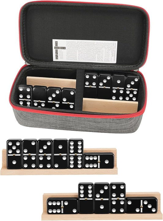 KAILE Double 6 Jumbo Dominoes 28 Tiles Classic Board Games for Kids and Adults with 4 Racks and Bag (Black)