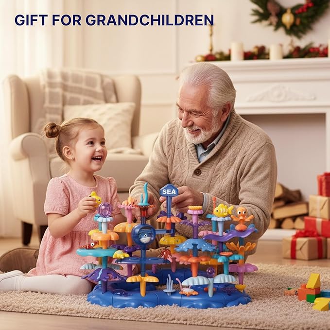 Marine Explorer STEM Building Set with 7 Sea Creatures - 76 Piece Coral Reef Blocks for Preschool Learning, Includes Crab, Turtle & Pufferfish（Ocean-World-L2）