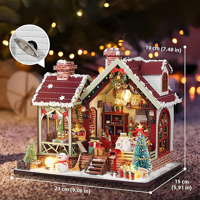 DIY Christmas Miniature House Kit Mini Wooden Dollhouse Kits for Adults Xmas Eve Snowflakes Building with LED Light, Diorama Model Birthday Gifts for Family/Friends